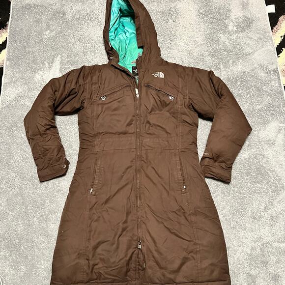 The North Face Down Coat Womens Medium Long Hooded Brown Parka Jacket ** - Picture 1 of 13